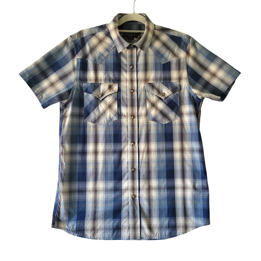Pendleton Frontier Plaid Short Sleeve Shirt Mens M Pearl‎ Snap Front Blue Medium